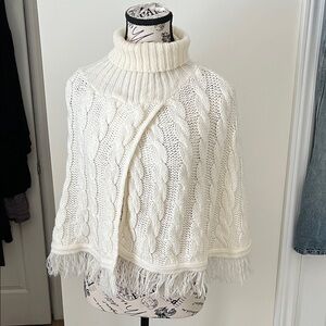 Elegant White Cable Knit Turtleneck Poncho Sweater